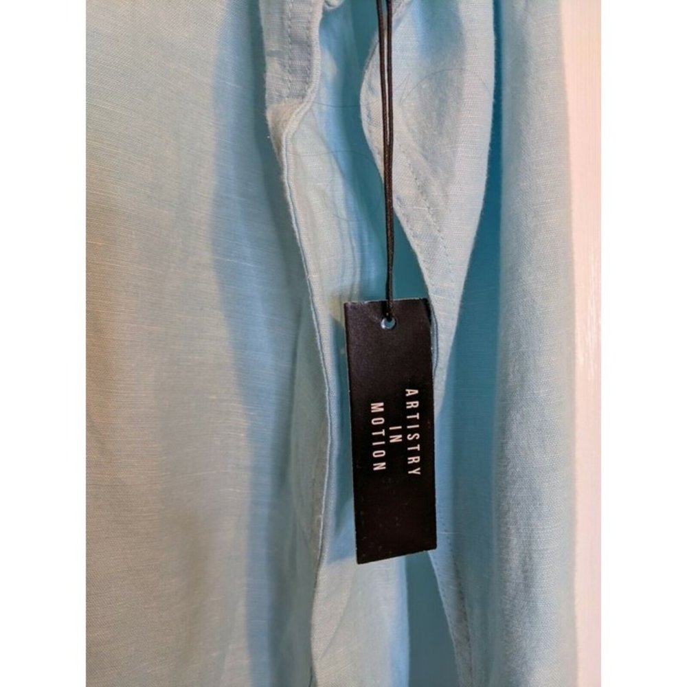 Mens Pastel Blue Linen Long Sleeve Shirt Sz L Flamingo NEW Artistry in Motion - Picture 5 of 9